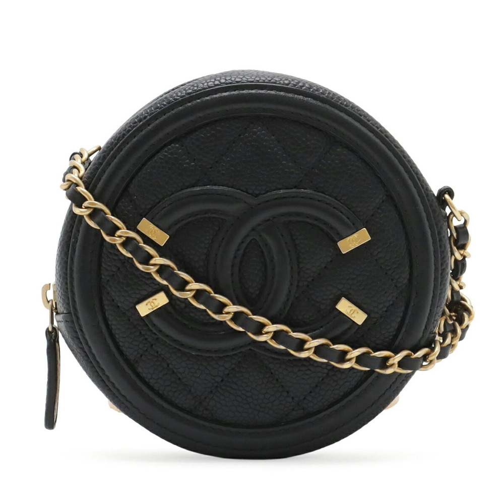 CHANEL Black Caviar Leather Logo Pochette Mini Bag
